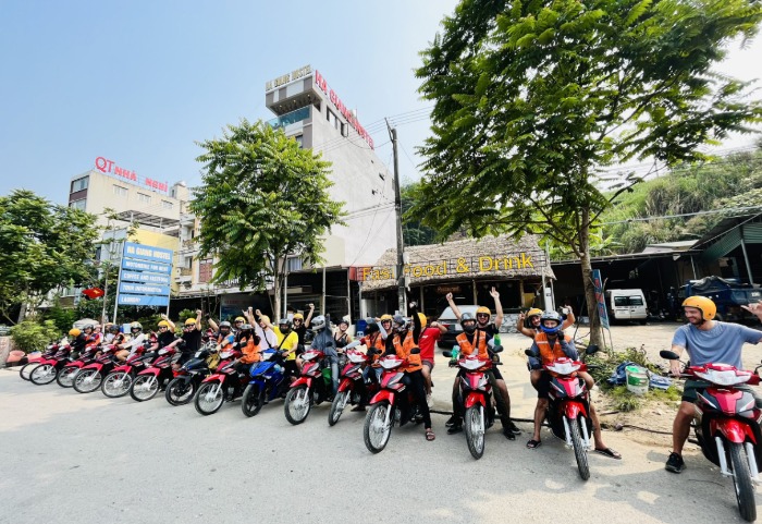 Motorbikes lined up for rent at Ha Giang Hostel
